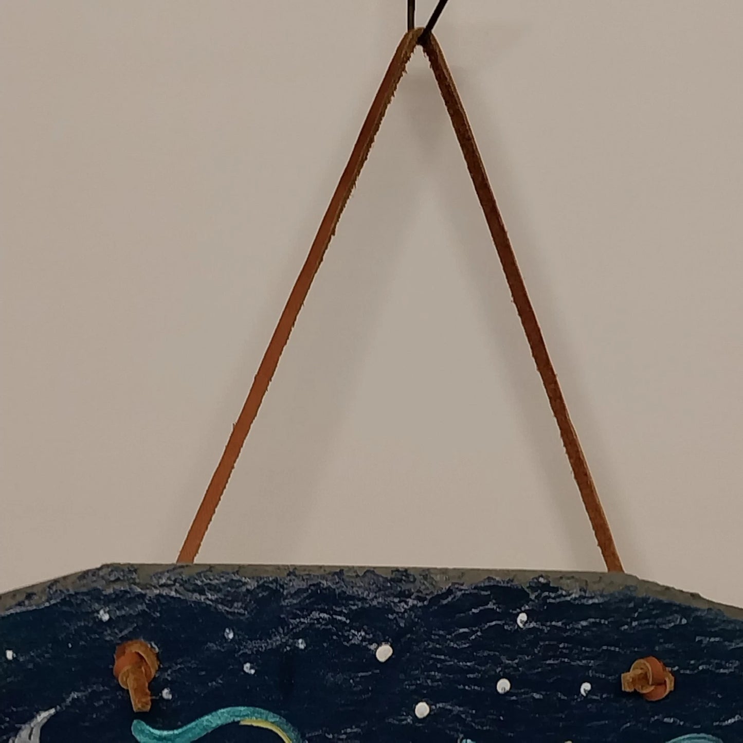 Hand Painted Slate Peace Plaque Dove Star Wall Decor 10.5" Leather Hanger
