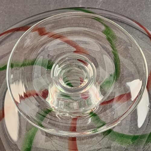 Hand Blown Clear Art Glass Pedestal Cake Plate Red Green Swirls 12.5" d x 5.5" h