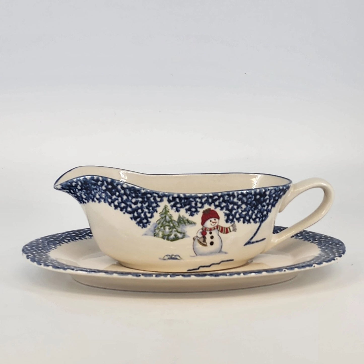 Thomson Pottery Snowman Gravy Boat and Underplate Set Christmas Holiday China
