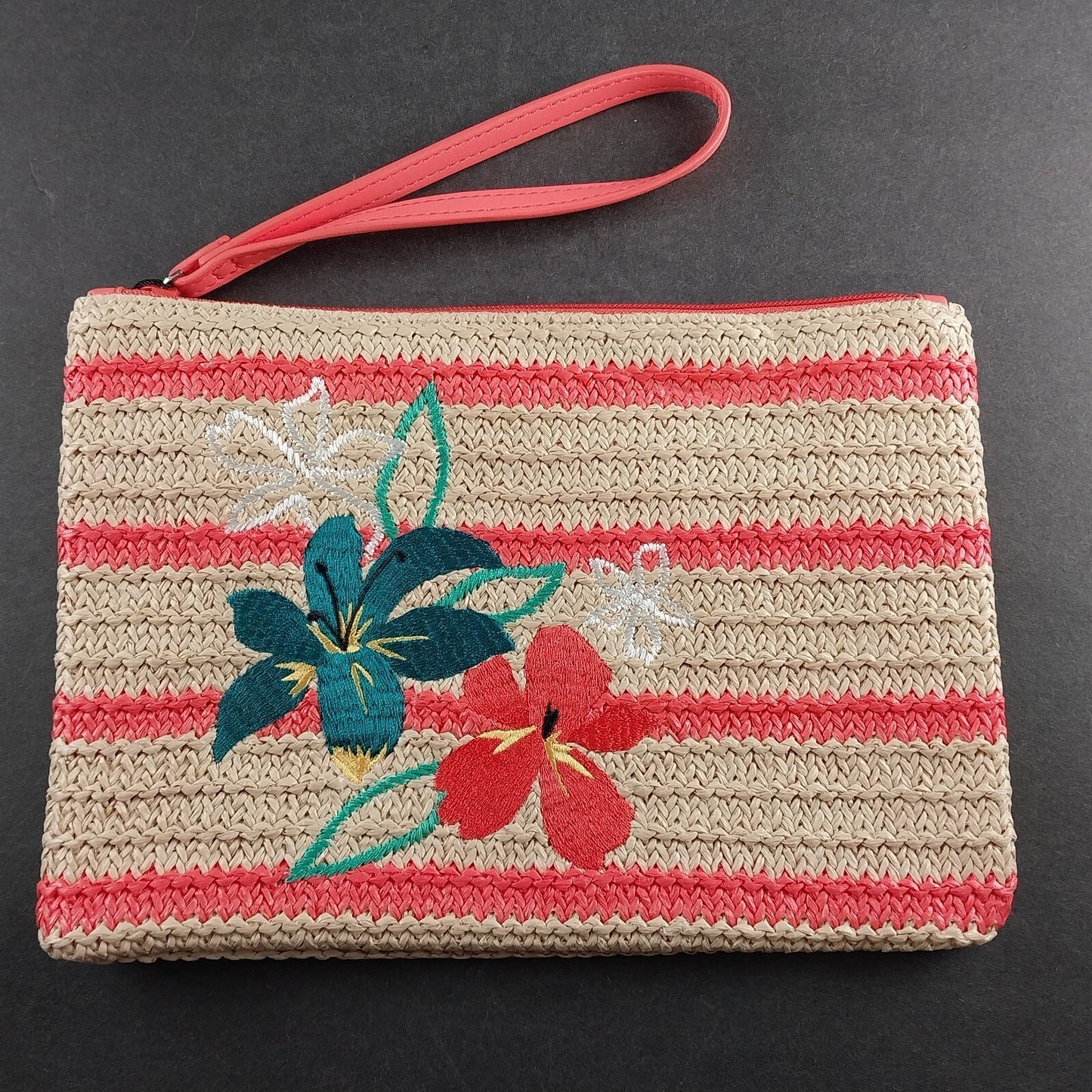 Vera Bradley Coral Straw Wristlet Rain Forest Lily Zip Pouch 10x7 Cosmetic Bag