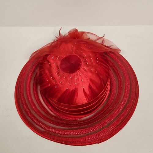 Women's Red Dressy Hat Banded Silk Bows Wedding Church Derby 100% Straw Vintage