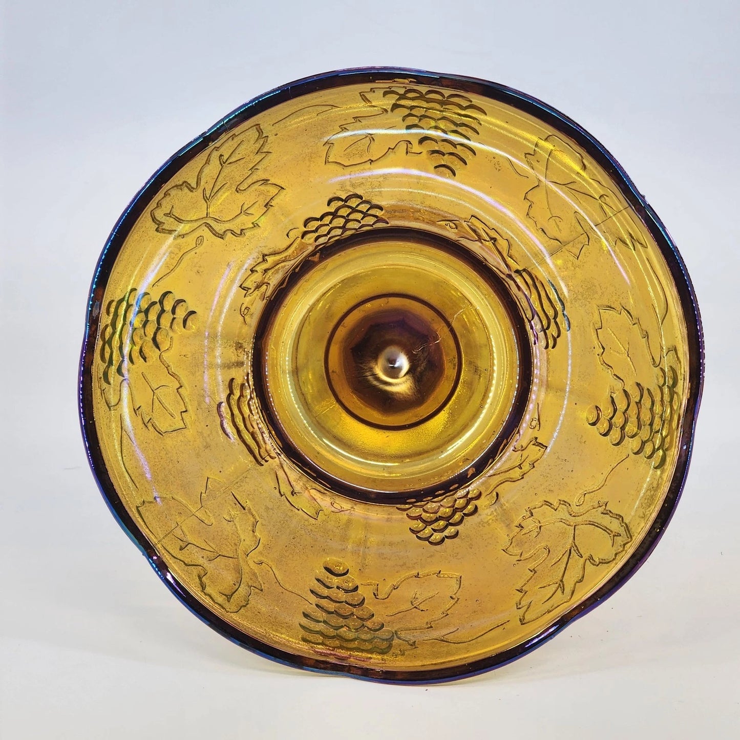 Indiana Glass Harvest Grape Compote Marigold Carnival Pedestal Bowl 8.5" Vintage