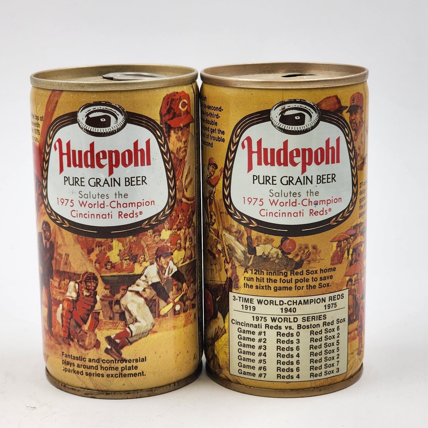 2 Hudepohl 12 oz Steel Beer Can 1975 World Series Champions Cincinnati Reds GUC