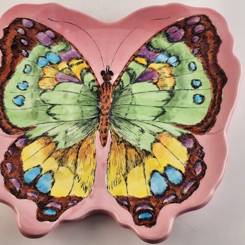 Butterfly Shaped 11" Dinner Plate Pink Very Colorful Brown Green Yellow China