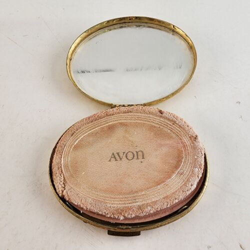 Avon Compact Refillable Compact Solid Powder Brocade Gold Mirror Puff Felt Case
