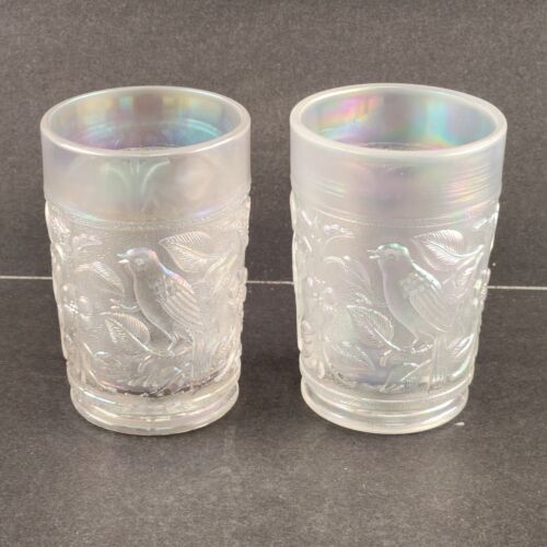 2 Imperial Robin Bird Tumblers Icy White Iridescent Carnival Glass Embossed 8 oz