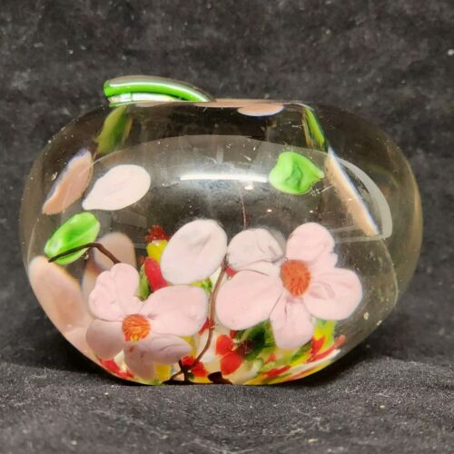 Clear Glass Apple Shaped Paperweight with Pink and Multicolor Flowers 3" Across