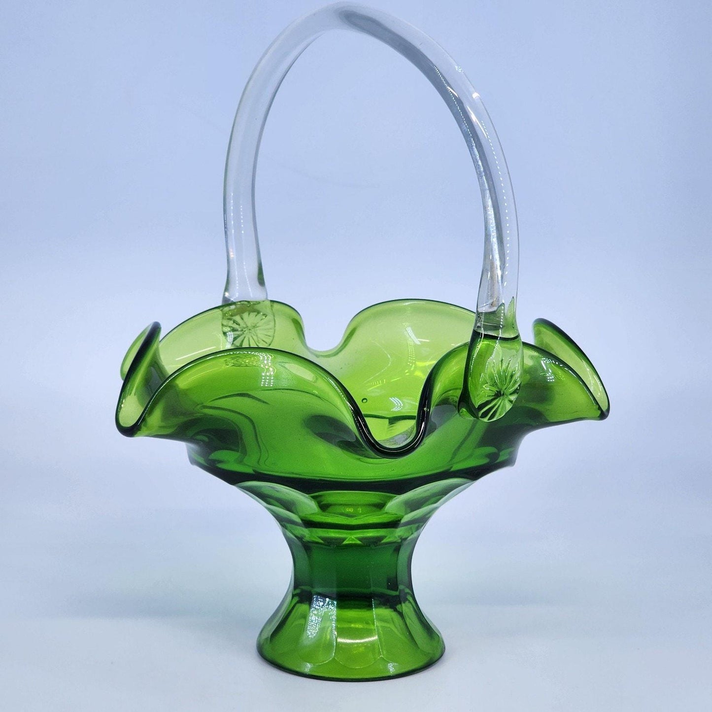 Vintage Viking Art Glass Pedestal Basket Green Ruffled Edge Applied Handle Mid Century Hand Blown Glass