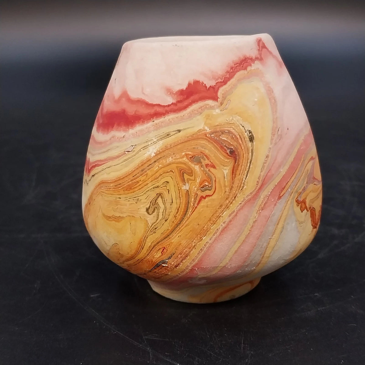 Vintage Nemadji mini beehive vase with orange red marbled finish