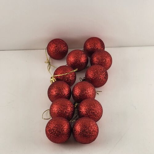 12 Red Glitter Ball Christmas Ornaments 1.5" Size Non Shatter Plastic