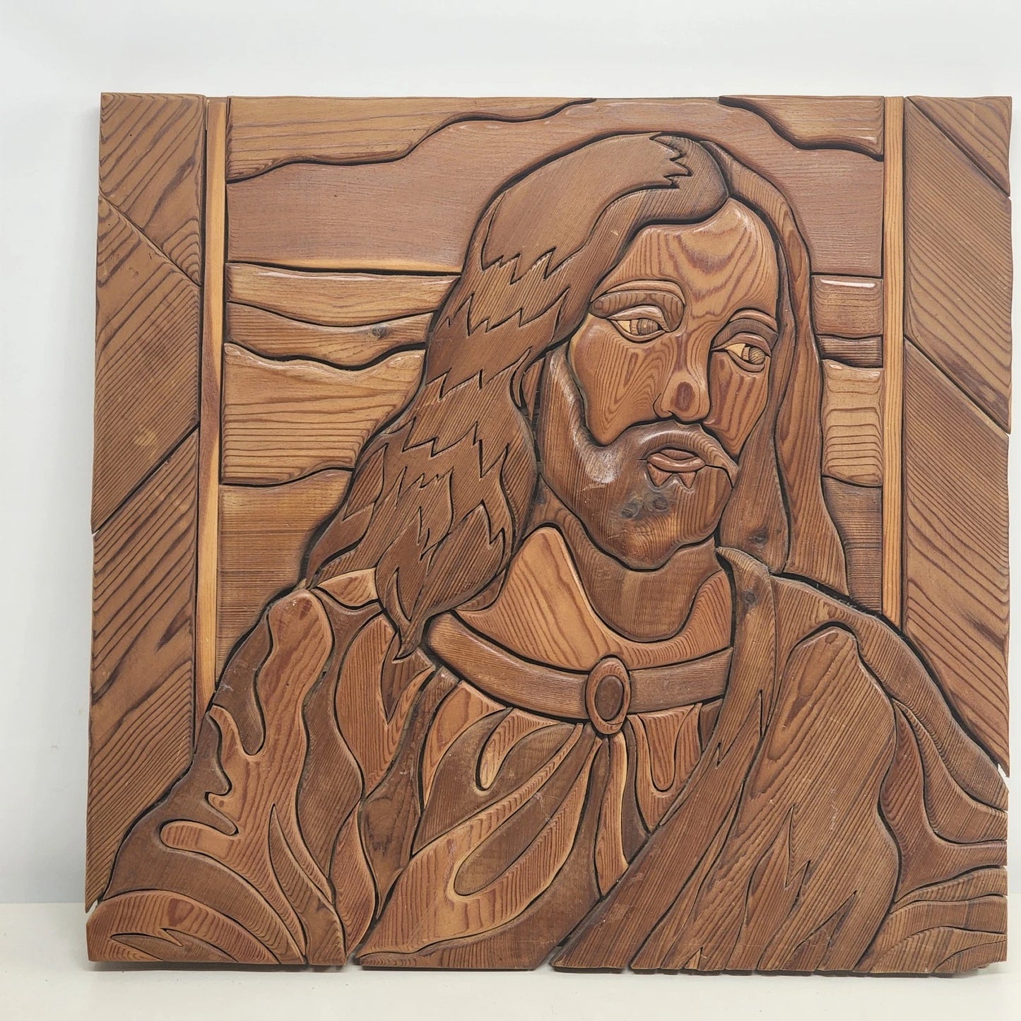 Wood Intarsia Jesus Christ Wall Art Carved Panel 24" Sq Religious Vintage