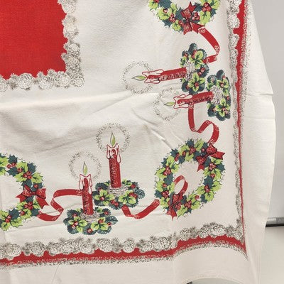 Christmas Holiday Rectangle Tablecloth Wreath Pine Cones Candles Ribbon 62"x48"