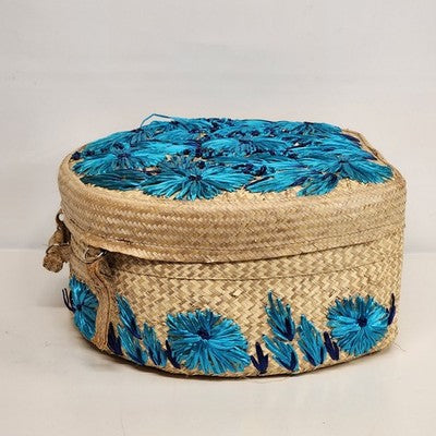 Woven Raffia Hat Box Suitcase Train case Blue Floral Travel 16" Boho Vintage