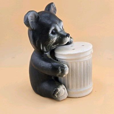 Bear Trash Can Salt Pepper Shakers Plastic Stopper Japan Chalk Ware Ceramic 4.5"
