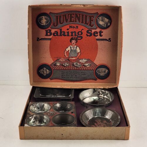 Juvenile Baking Set No 2 Tin Pans 4 Piece Set with Box Toy Prop Vintage 1930s