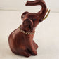 Carved Wood Sitting Elephant Bead Eyes Rubber Tusks Hong Kong 1960s Trunk Up