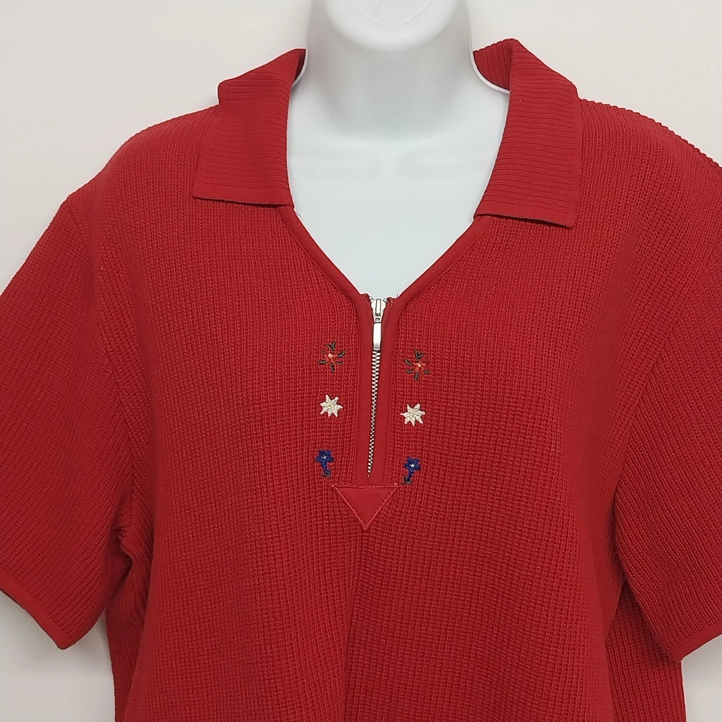 Hammerschmid Womens Red Cotton Knit Quarter Zip Short Sleeve Collared Top Size L