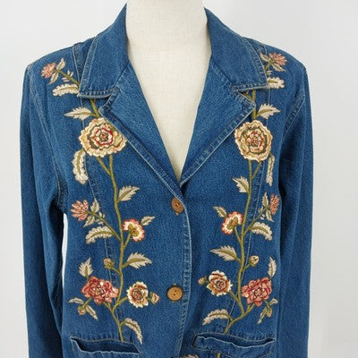 Country Door Blue Denim Jacket XL Floral Embroidery Wood Button Front Women's