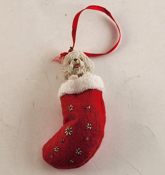 The Danbury Mint Bichon Frise Ornament Dog In Red Christmas Stocking Vintage