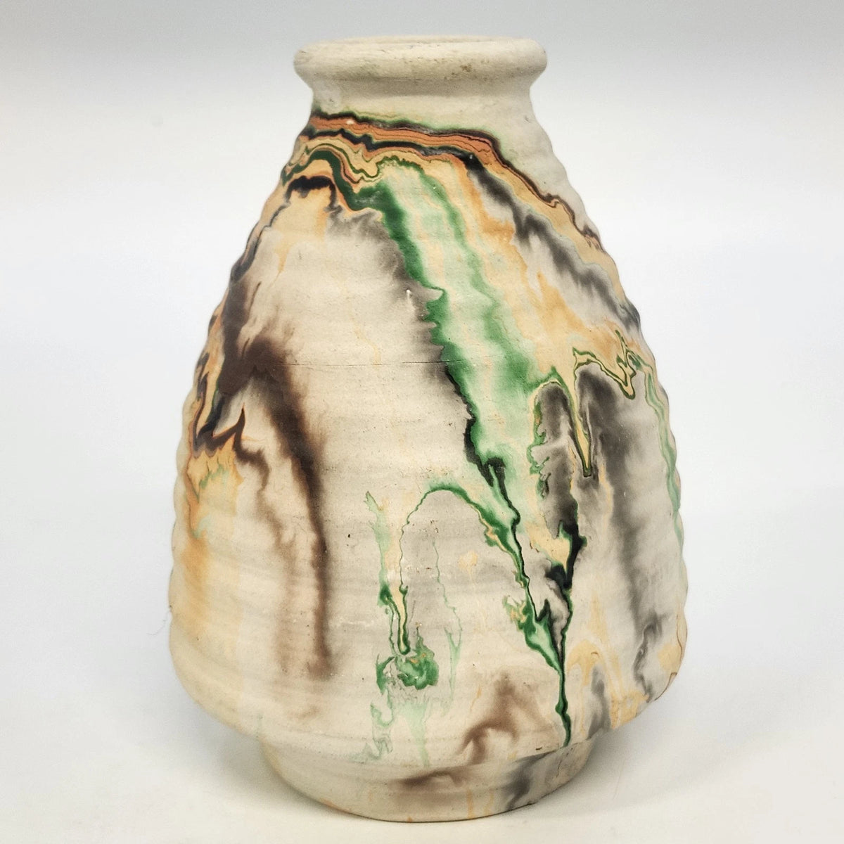 Nemadji Indian Pottery Native Clay Ribbed Vase 5.5" Green Orange Swirl USA