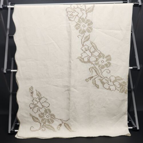 Linen Tablecloth Ecru with Tan and Beige Cross Stitch Floral Pattern 65" x 50"