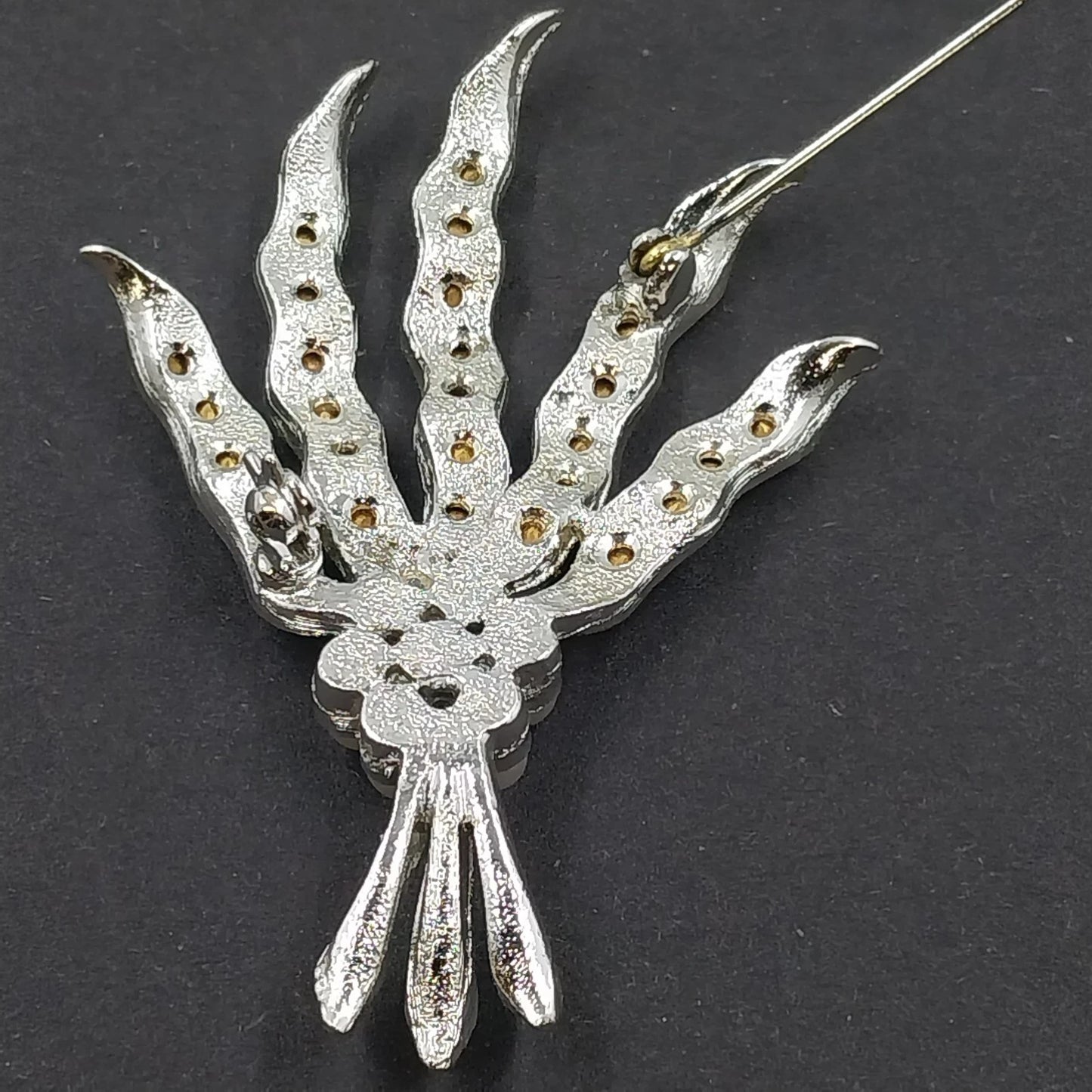 Silver Tone Floral Spray Brooch Rhinestone Faux Pearl Vintage Missing Pearl