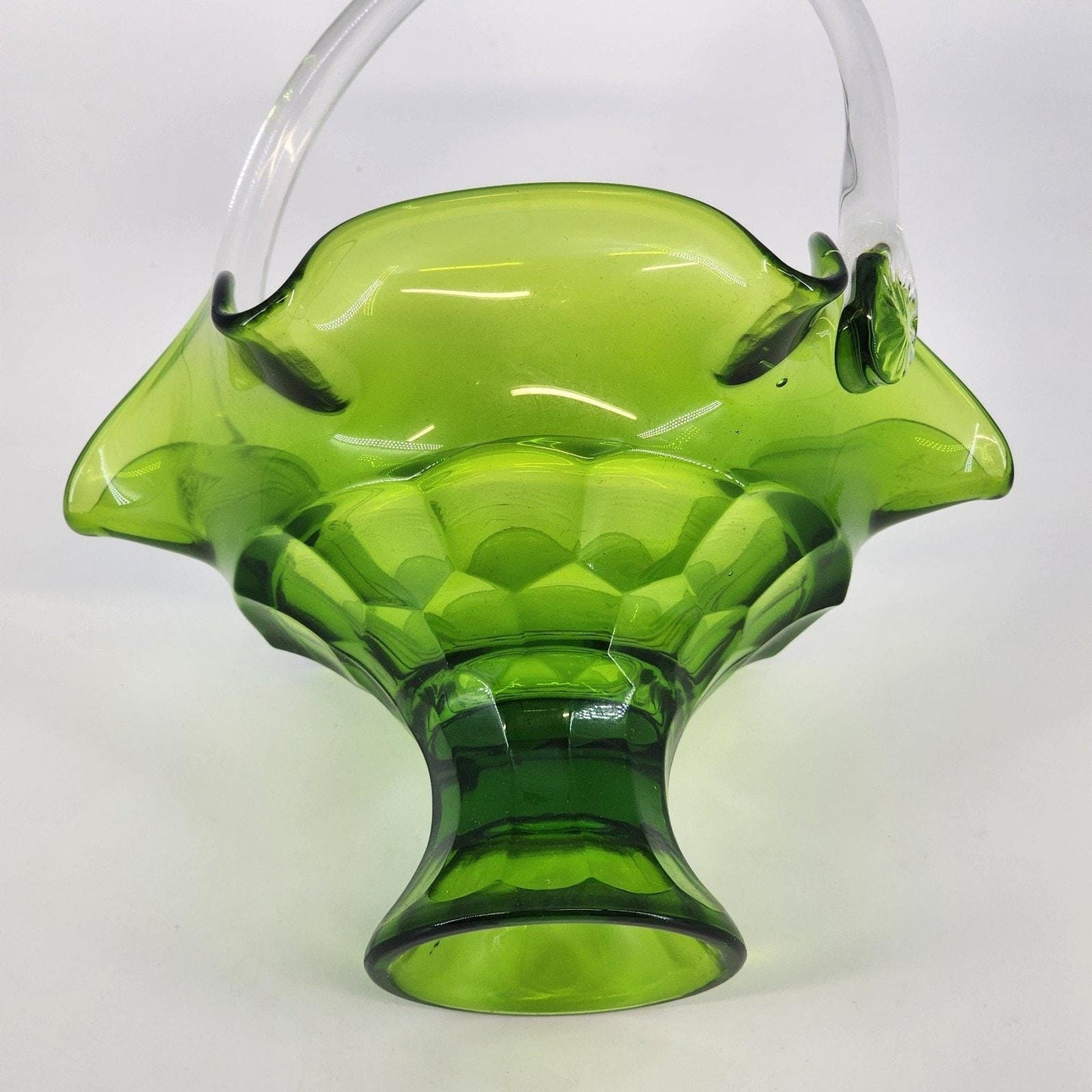 Vintage Viking Art Glass Pedestal Basket Green Ruffled Edge Applied Handle Mid Century Hand Blown Glass