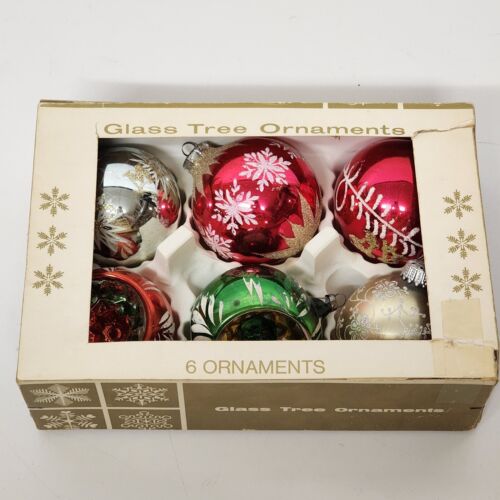 6 Mercury Glass Glitter Christmas Ornaments Marathon Franke East Germany Box Set