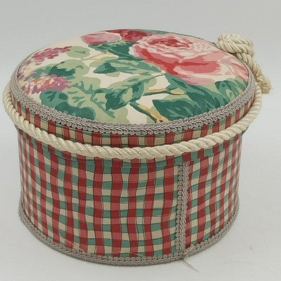 Jan Sevadjian Sewing Hat Box Basket Padded Cord Handle Fabric Covered 10" 1980s