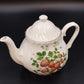 Strawberry Floral Leaves Ceramic Teapot with Ribbed Swirled Lid 6.5" Vtg Kitchen