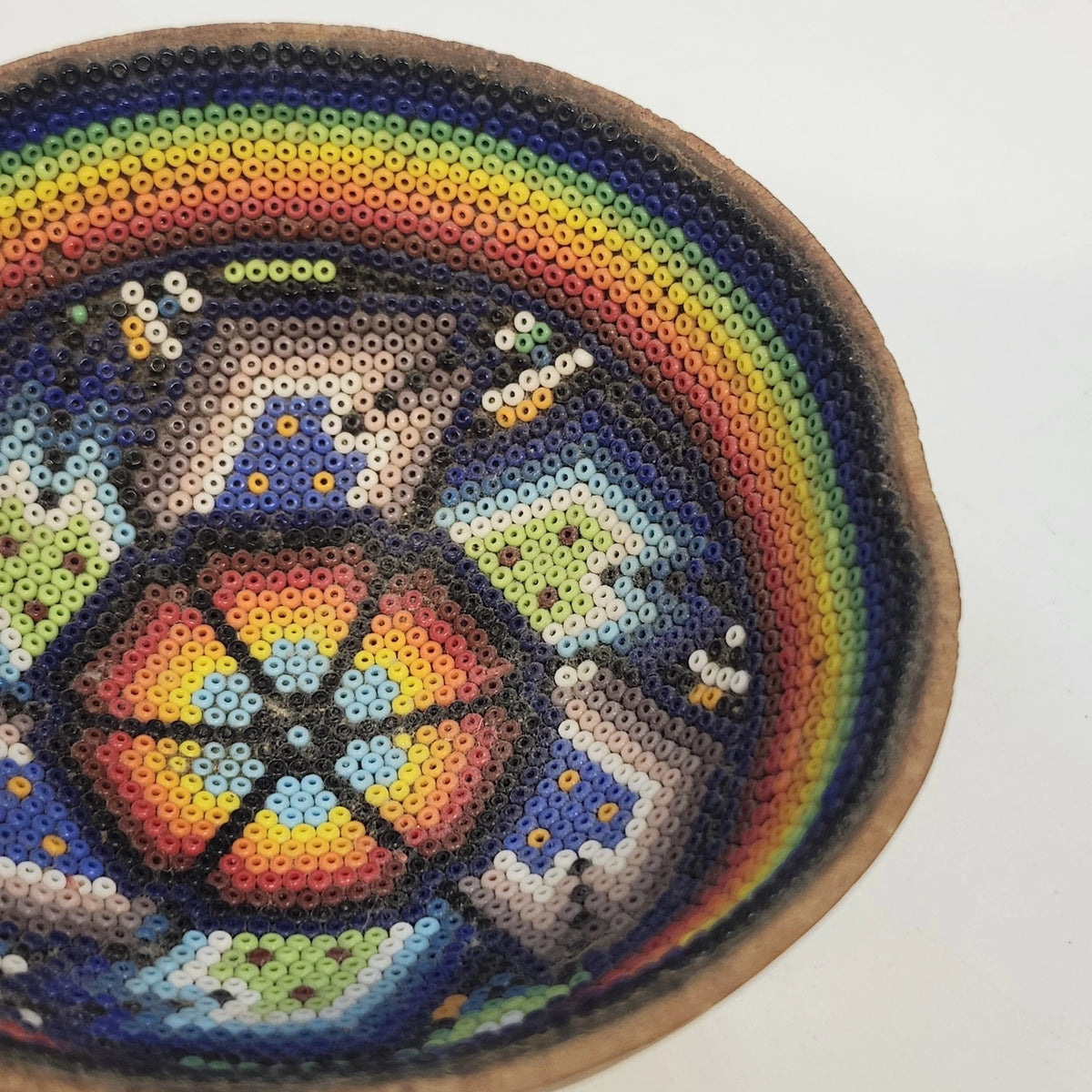 Hand Beaded Gourd Bowl Mexican Folk Art Rainbow Bird Floral Geometric 4" x 2"