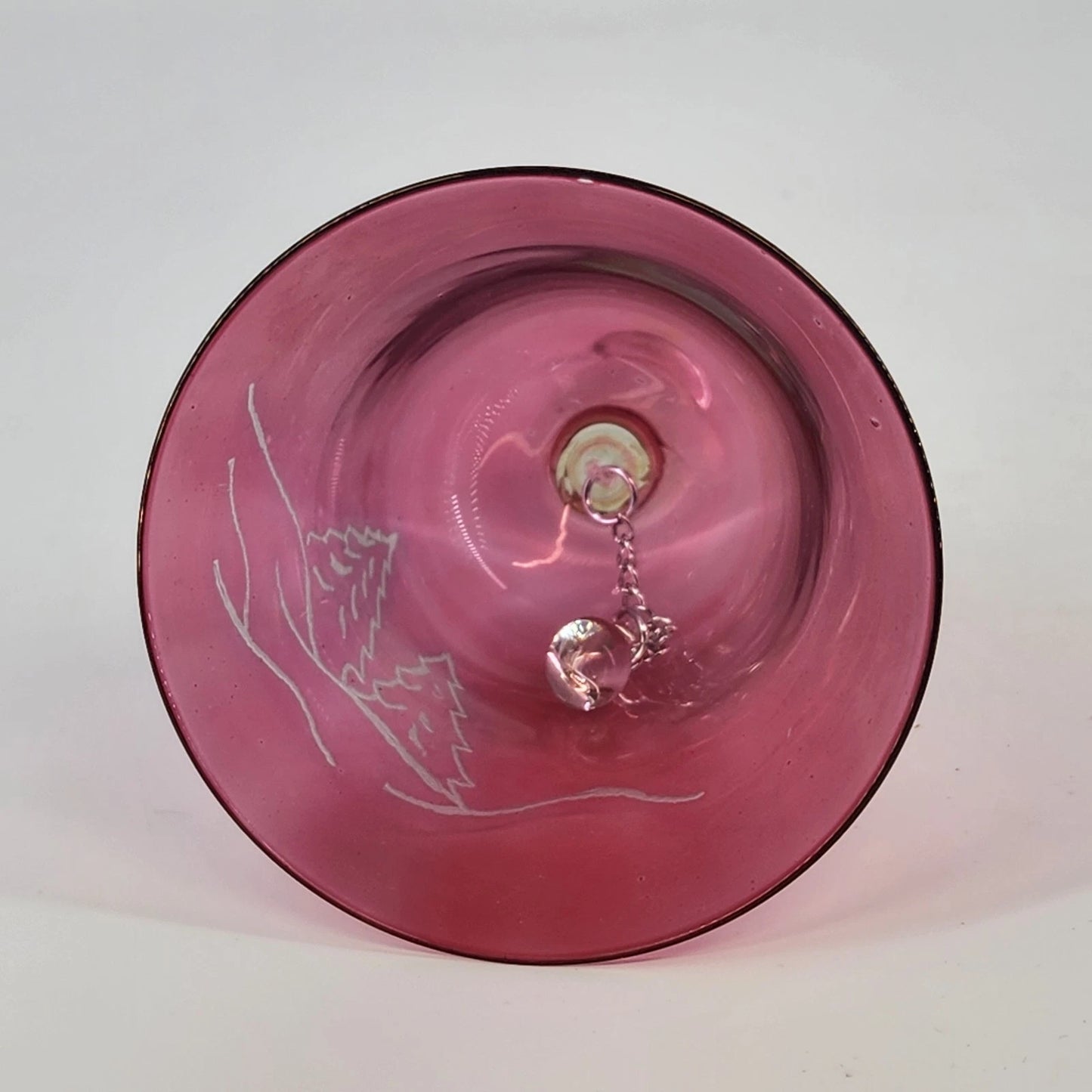 Sickles Cranberry Glass Bell Etched Winter Pine Trees Hills Clear Handle 6" Vtg