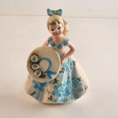 Lefton Southern Belle Girl Figurine Blue Dress Hat Japan 1960 Porcelain 5" #2354