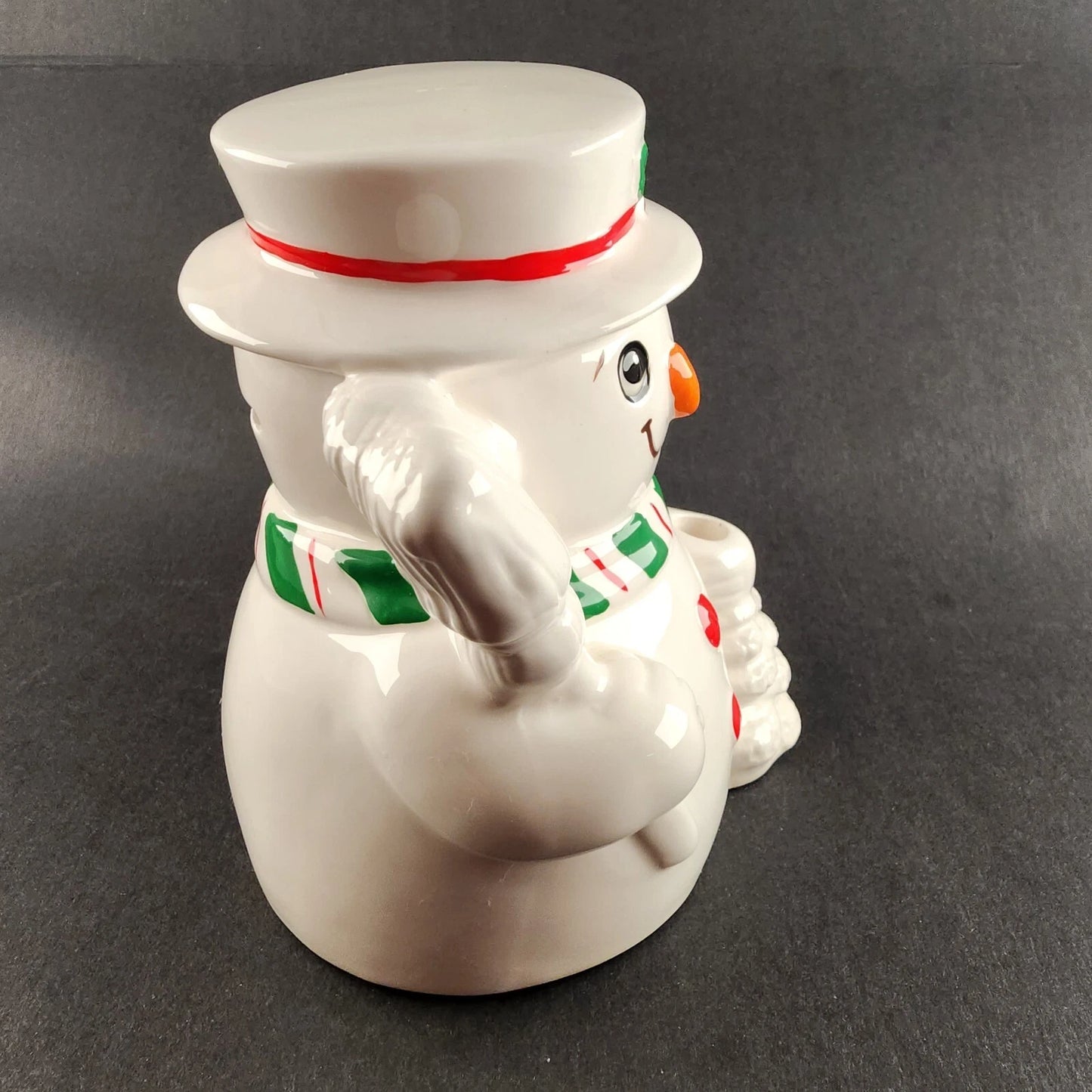 Russ Berrie Snowman Ceramic Coin Bank 1980s White Red Green Scarf Christmas 6"