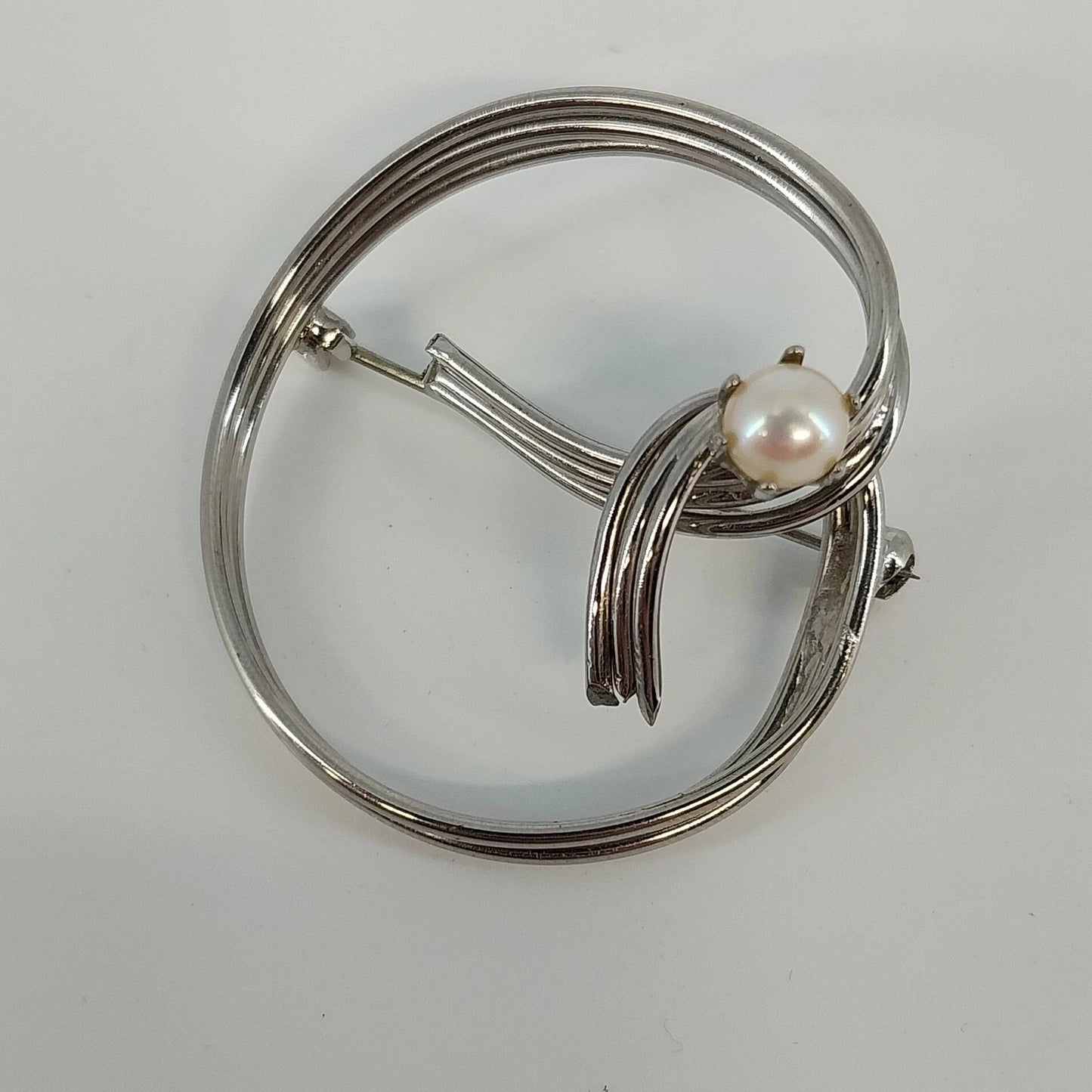 Sterling Silver Circle Brooch Faux Pearl Modernist Pin .925 Polished 1.5"