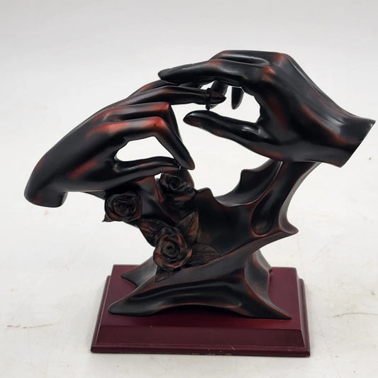 Wedding Oath Sculpture Antique Bronze Resin Ring on Finger 8" Cherry Base