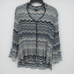 Women's Medium Black White Chevron Pleated Blouse Lettuce Trim 3/4 Sleeve