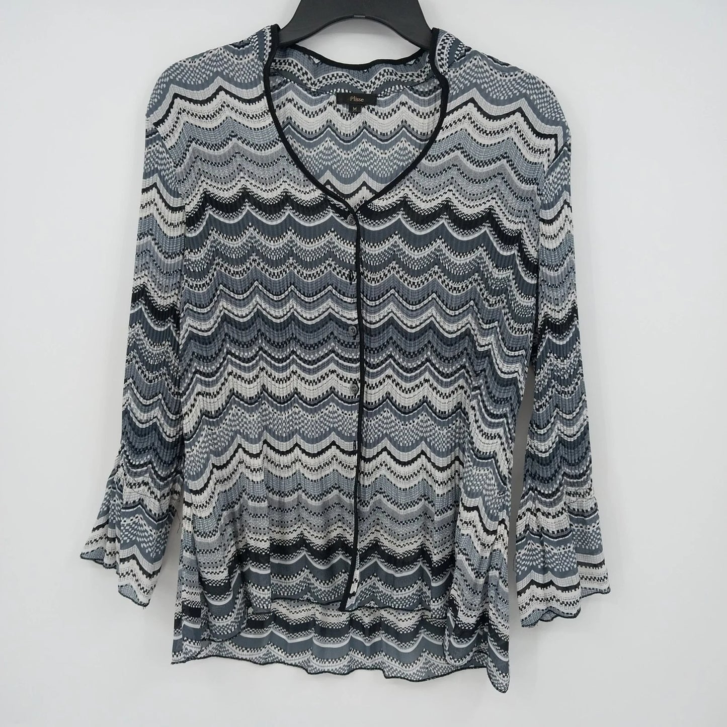 Women's Medium Black White Chevron Pleated Blouse Lettuce Trim 3/4 Sleeve