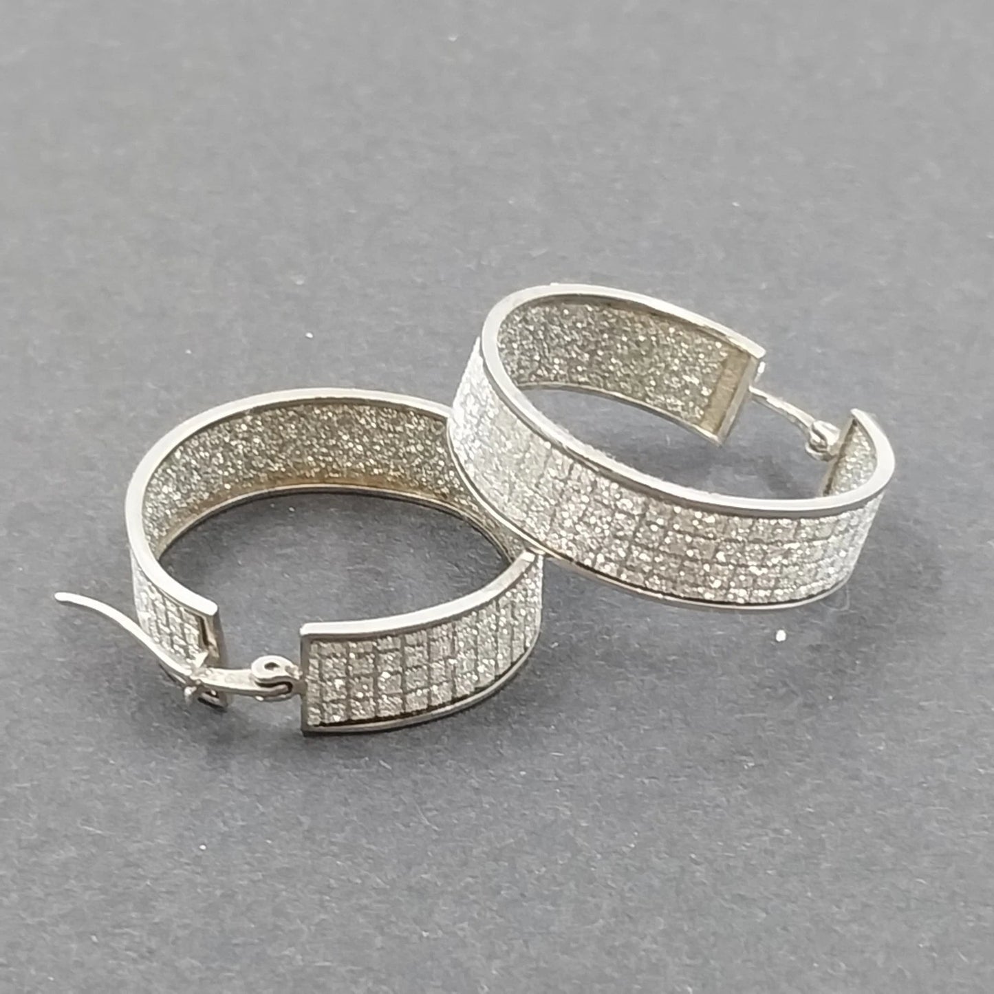 Silver Tone Pave Hoop Earrings Wide Multi Row White Rhinestone Leverback Pair