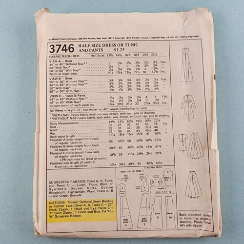 McCall's 3746 Vintage Sewing Pattern 1973 Half Size Dress or Tunic and Pants 18½