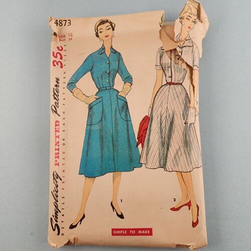 Simplicity 4873 Vintage Sewing Pattern 1950's Women's One-Piece Dress Size 16