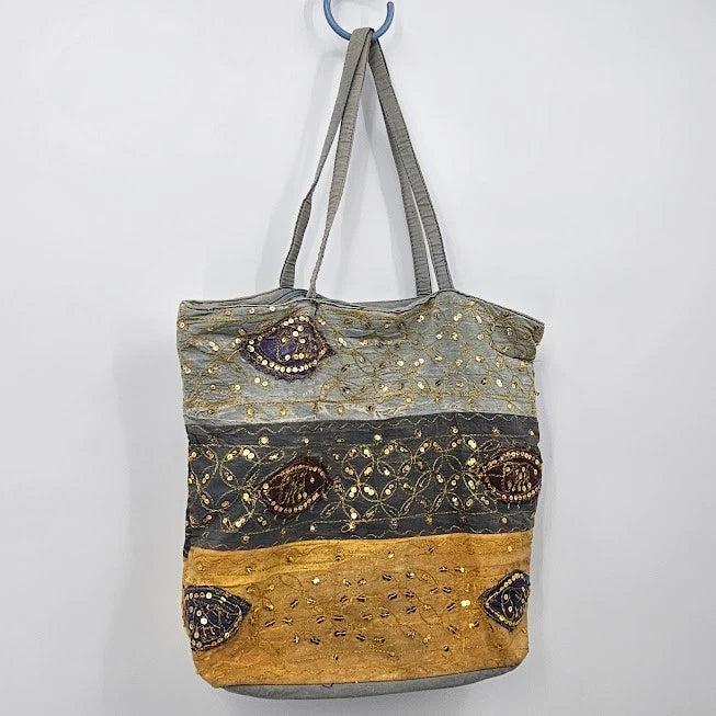 Boho Sequin Denim Cotton Tote Bag India Sparkle Blue Shoulder Purse Artisan 14"