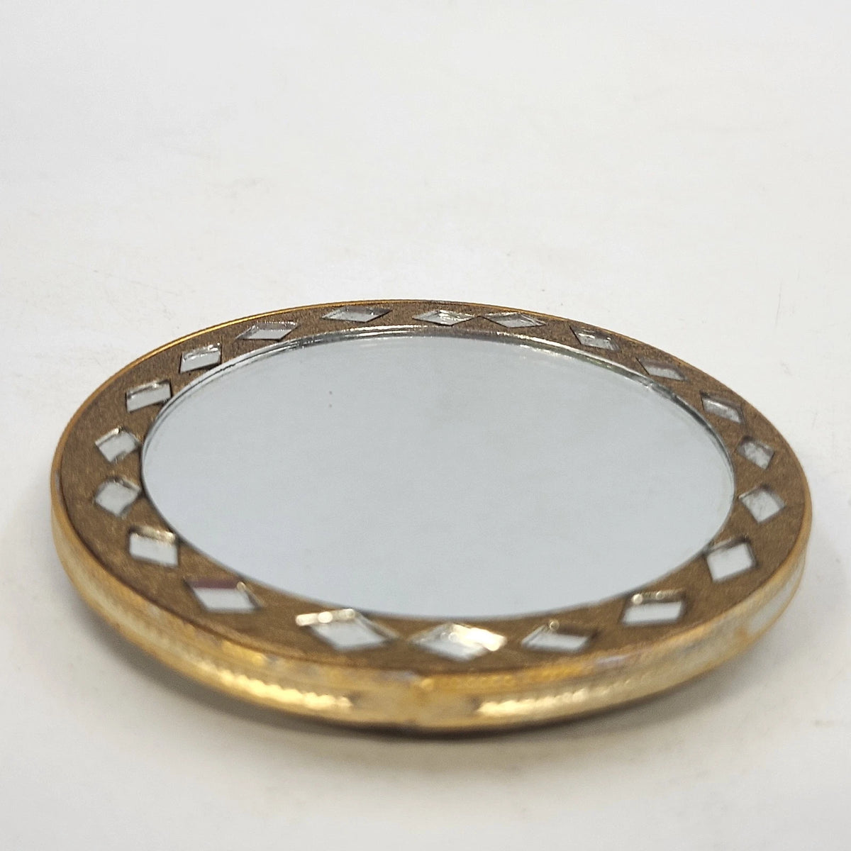 Gold Tone Round Pocket Mirror 2.75" Beaded Ornate Geometric Mosaic Star Design