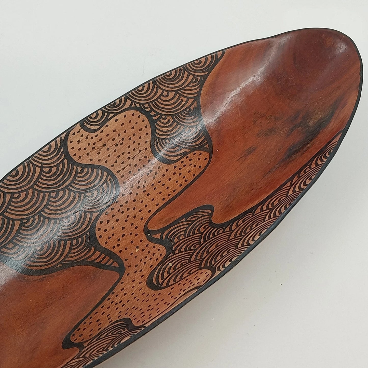 South African Hand Carved Hand Painted Wood Oval Decorative Bowl Abstract 12.5"
