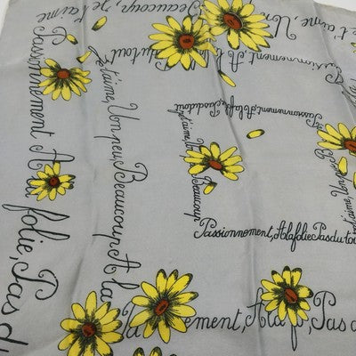 French Daisy Print Silk Scarf 17" Square Grey Yellow Brown Floral Design Vintage