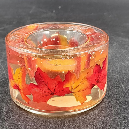Autumn Leaves Gel-Filled Votive Candle Holder Double Glass 4" x 2.5" Fall Decor