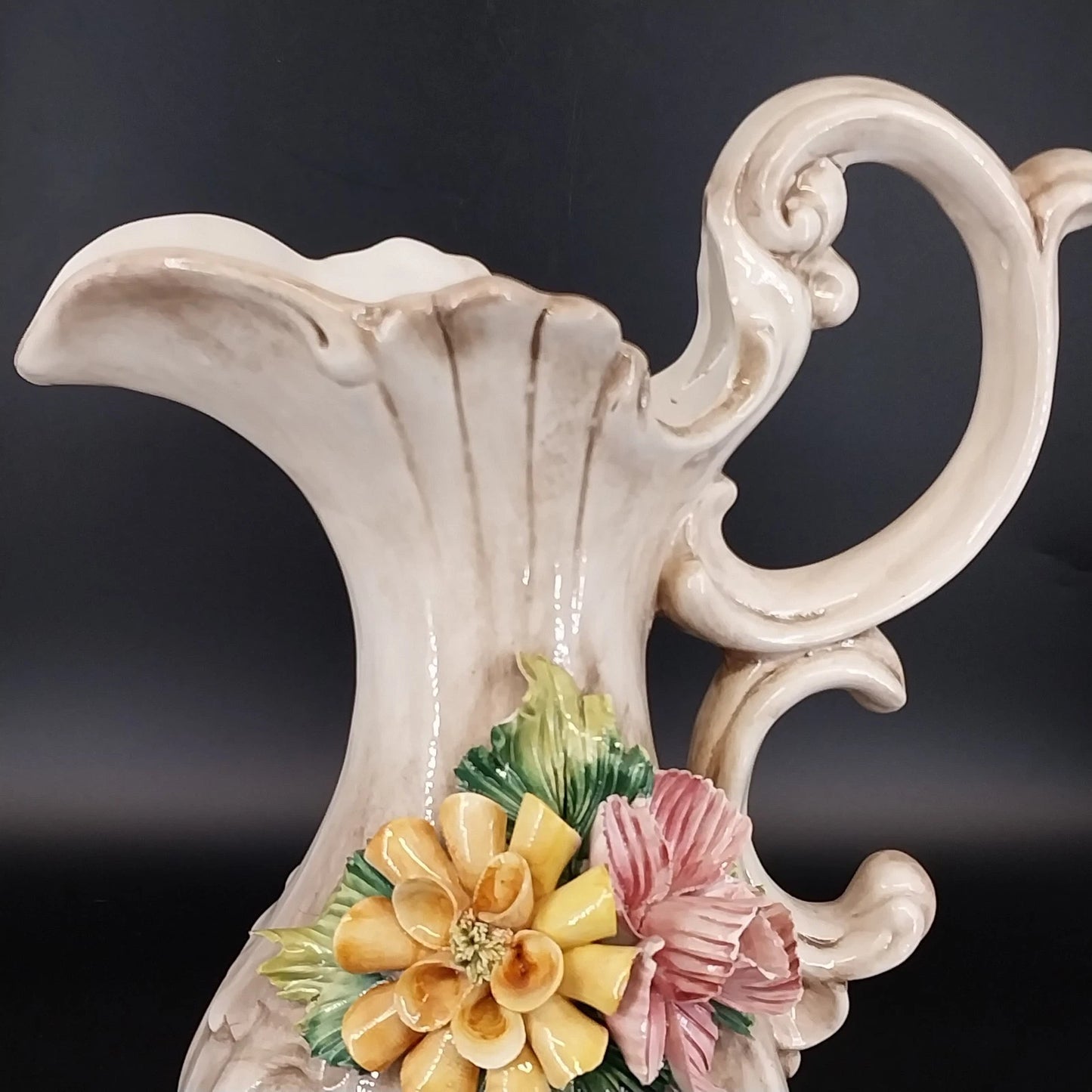 Vintage Capodimonte Italy Floral Porcelain Pitcher Vase Urn 13 Inch