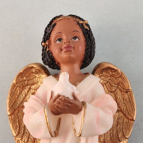 Little Girl Resin Angel Figurine Gold Wings Holding a White Dove 6½" H