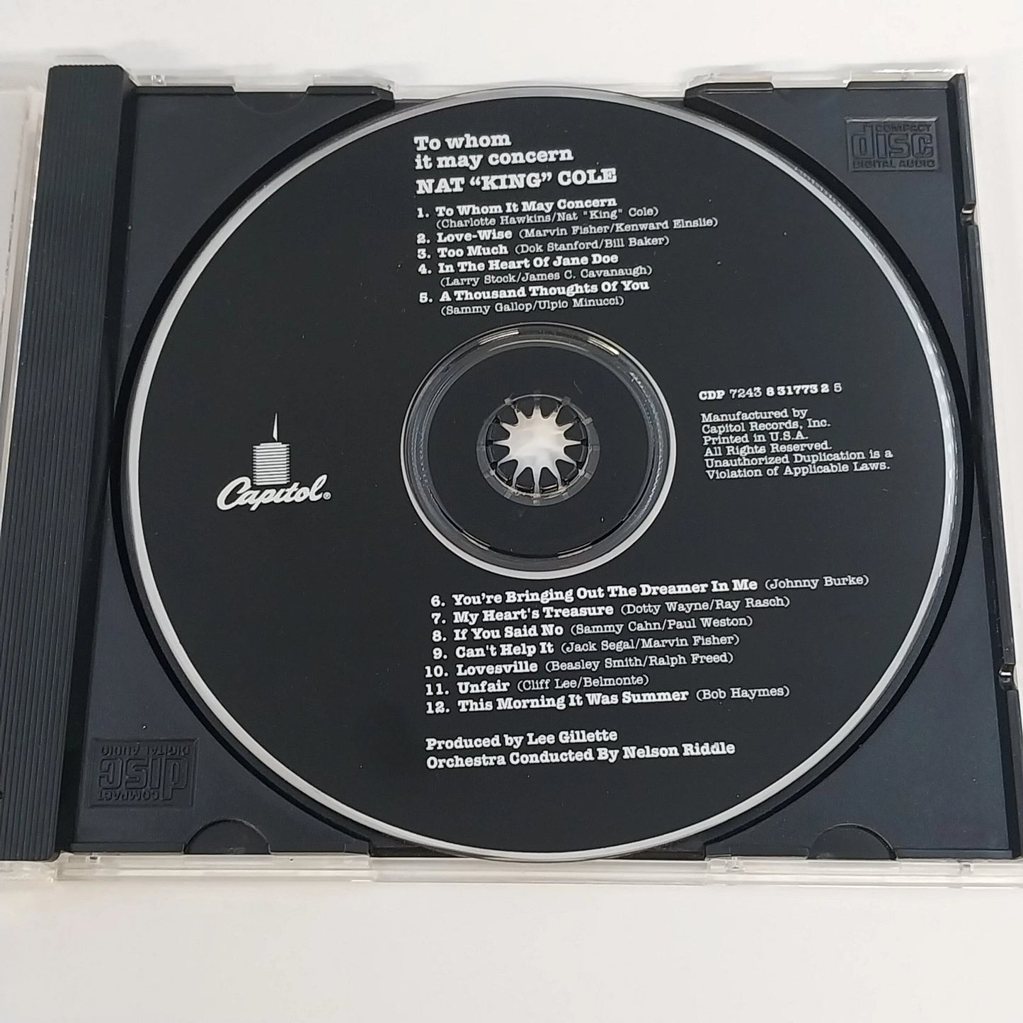 Nat King Cole To Whom It May Concern CD Capitol Nelson Riddle Lee Gillette 1995