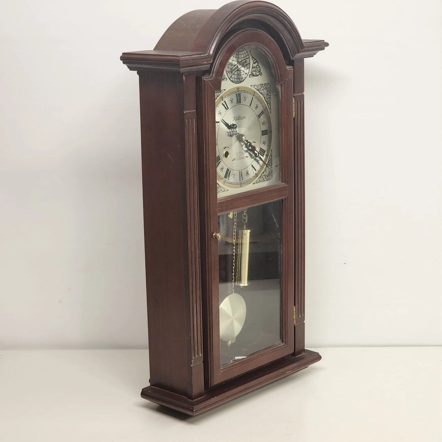 Waltham Tempus Fugit 31 Day Wall Clock Key Wind Pendulum Chime Wood 27.5" Vtg